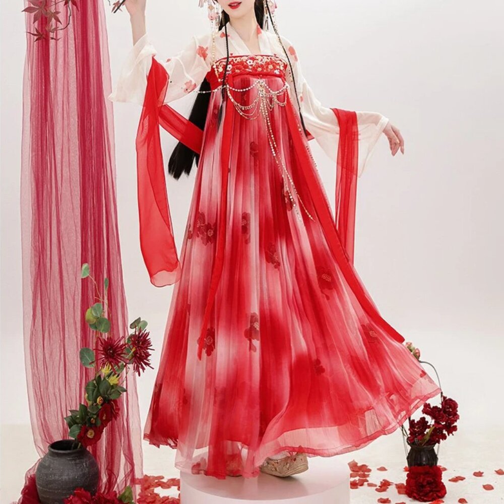 red camellia floral qixiong hanfu 3pc set - shirt + skirt + shawl(?)/ribbon